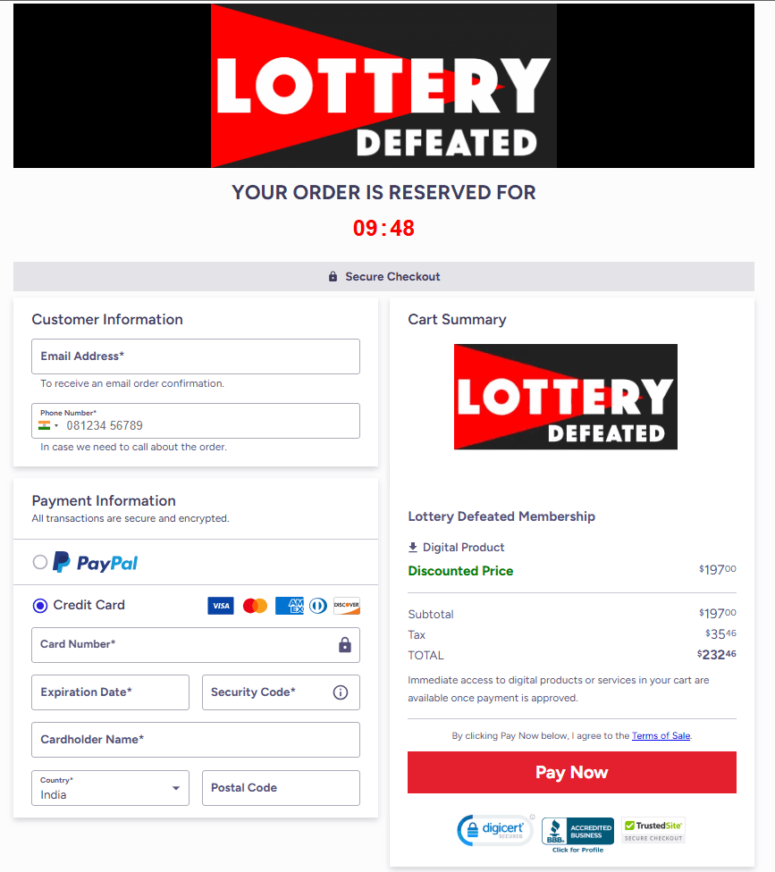 Lottery Defeated secure checkout page – click to buy now